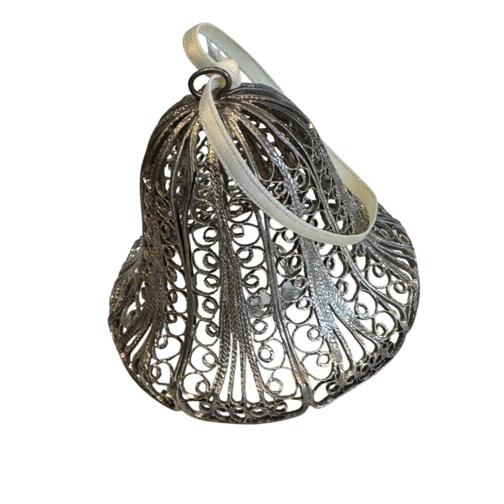 Vintage Silverplate Filigree Bell Ornament With Crystal Clapper 2.25" Holiday De - Picture 3 of 7